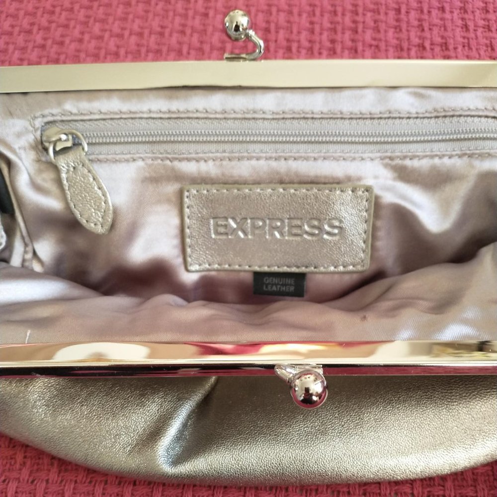 Express Silver Leather Pleated Clutch Evening Handbag Purse - Picture 7 of 8